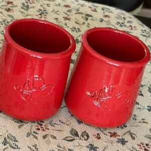 Red Ceramic crock Cups (2) with heart Design la Fermiere 5oz